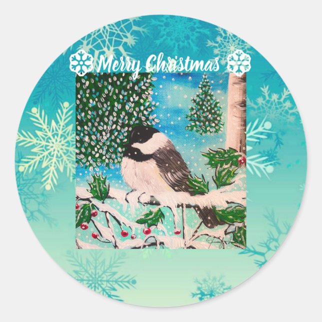 Christmas Chickadee Chatter Runder Aufkleber (Vorderseite)