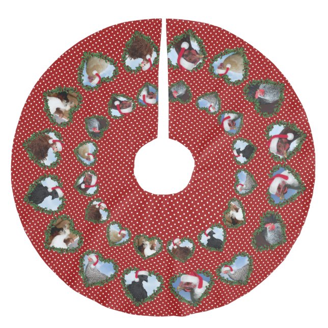 Christmas Chickens in Heart Wreaths Polka Dots Polyester Weihnachtsbaumdecke (Vorderseite)