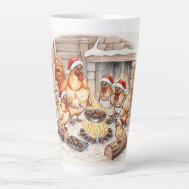 Christmas Chickens Roasting Chestnuts, Latte Mug Milchtasse (Vorderseite)