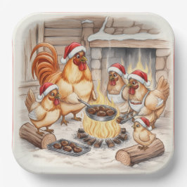 Christmas Chickens Roasting Chestnuts, Plates Pappteller