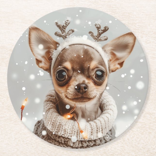 Christmas Chihuahua Reindeer Dog Runder Pappuntersetzer (Vorderseite)