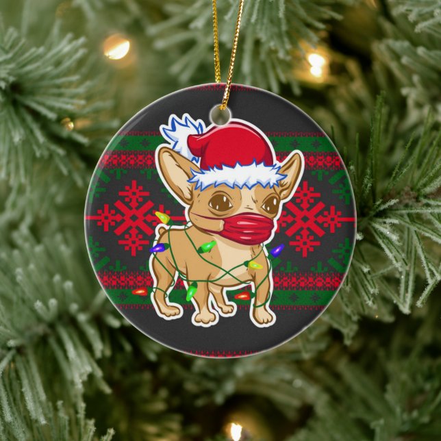 Christmas chihuahua wearing a medical mask keramik ornament (Baum)