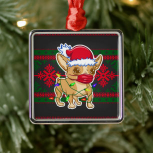 Christmas chihuahua wearing a medical mask ornament aus metall