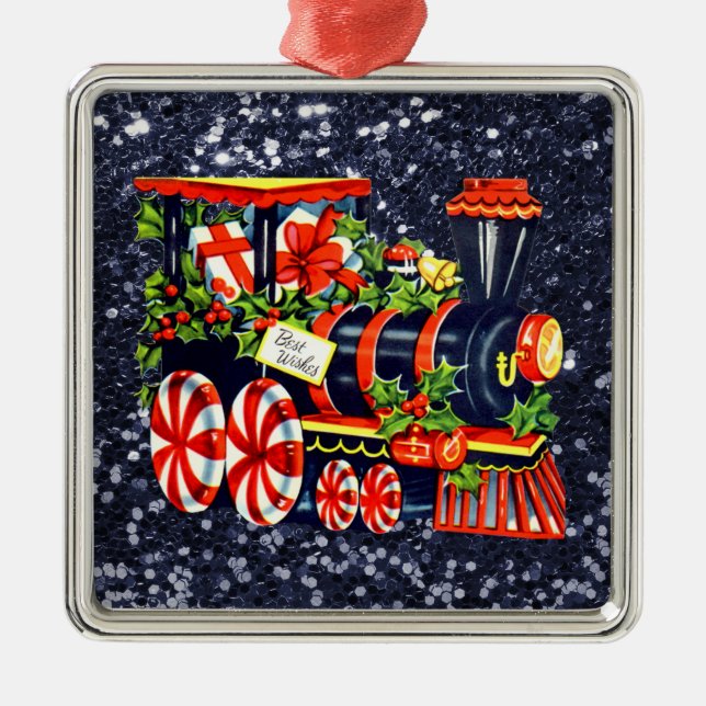 Christmas Choo Choo Train Blue Imitats Glitzer Silbernes Ornament (Vorne)