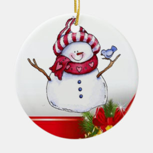 Christmas Circle Ornament, Snowman Keramik Ornament