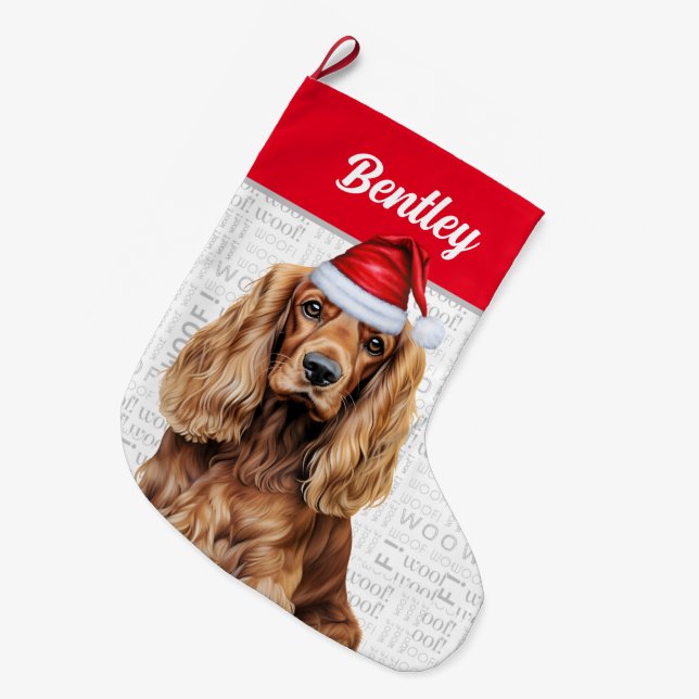 Christmas Cocker Spaniel with Dog's Name Großer Weihnachtsstrumpf (Vorderansicht (hängend))