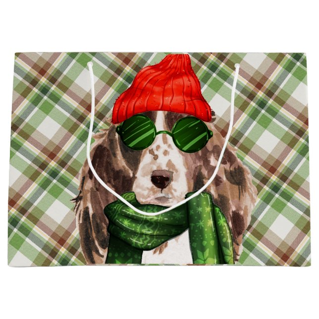Christmas Cocker Spanischer Hund und Karierter Url Große Geschenktüte (Vorderseite)