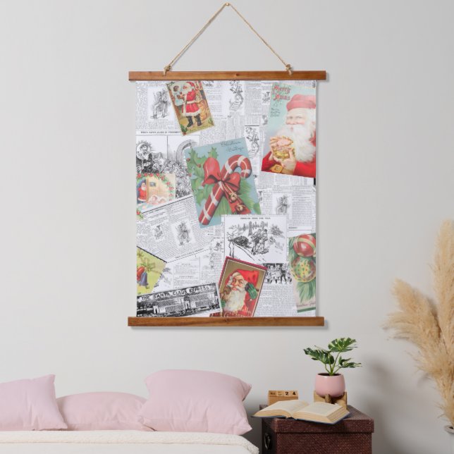Christmas Collage Wood Topped Wall Tapestry Wandteppich Mit Holzrahmen (Schlafzimmer)