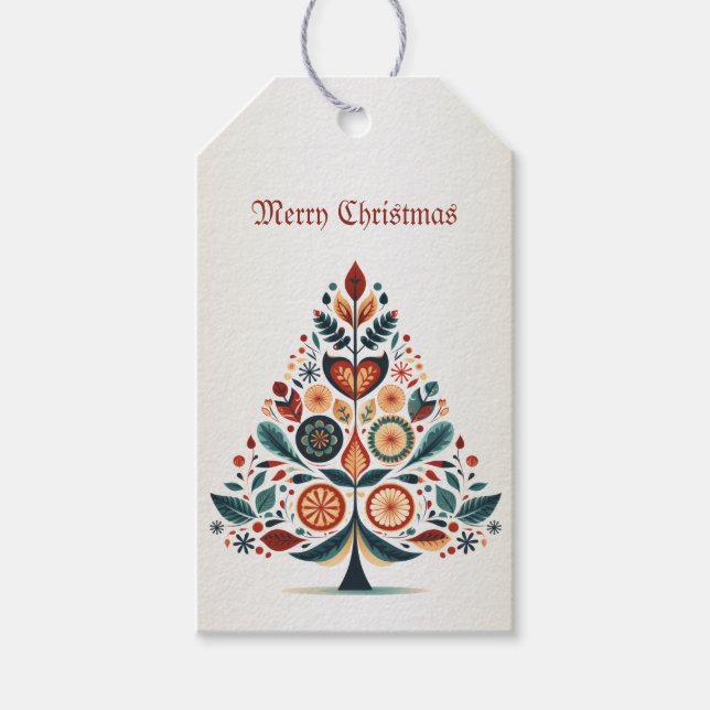 Christmas Colorful Tree Scandinavia Folk Art Geschenkanhänger (Vorderseite)