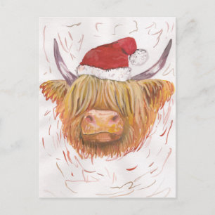 Christmas Coo Highland Cow with Christmas Hat Feiertagspostkarte
