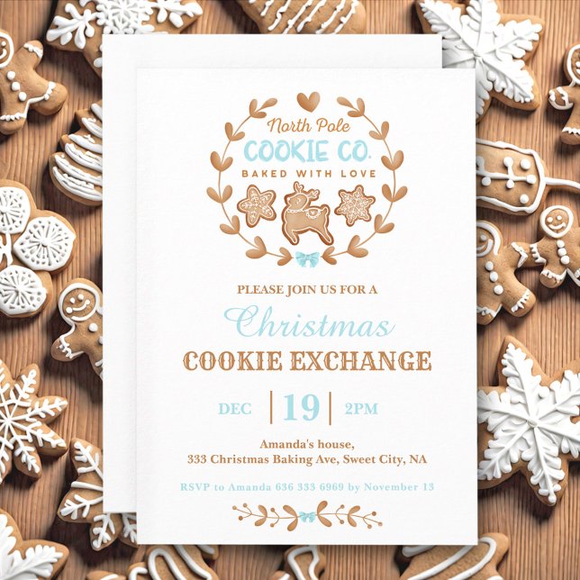 Christmas Cookie Exchange Gingerbread Blue Simple Einladung (Christmas Cookie Exchange Gingerbread Blue Simple Invitation)