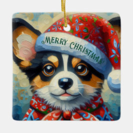 Christmas Corgi Dog Welpe mit Weihnachtsmannmütze Keramikornament