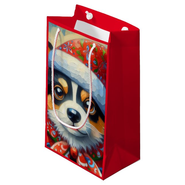 Christmas Corgi Dog Welpe mit Weihnachtsmannmütze Kleine Geschenktüte (Vorderseite Schrägansicht)