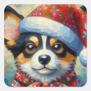 Christmas Corgi Dog Welpe mit Weihnachtsmannmütze Quadratischer Aufkleber