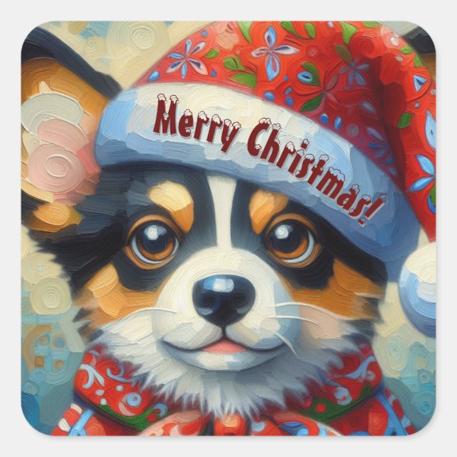Christmas Corgi Dog Welpe mit Weihnachtsmannmütze Quadratischer Aufkleber (Vorderseite)