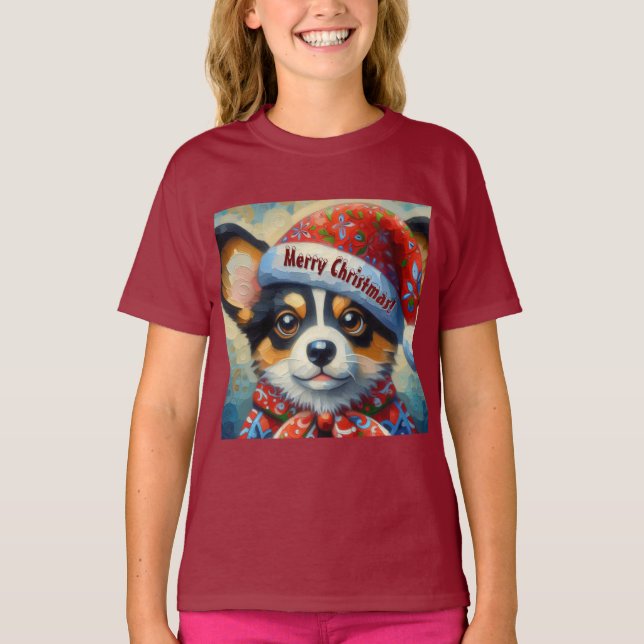 Christmas Corgi Dog Welpe mit Weihnachtsmannmütze T-Shirt (Vorderseite)