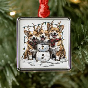 Christmas Corgi Dogs Snowman Ornament Aus Metall