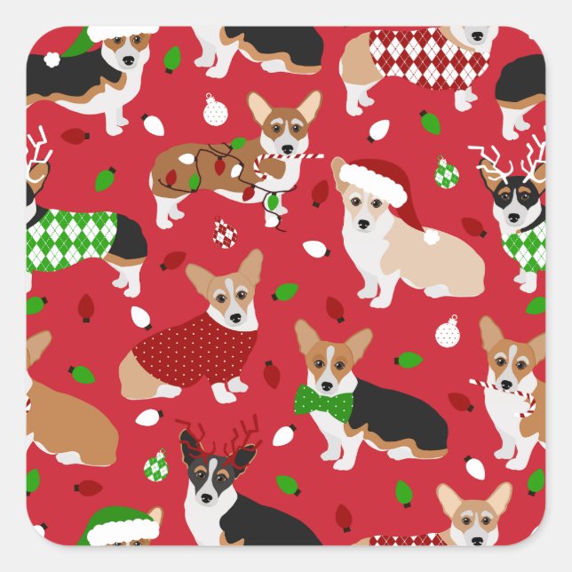 Christmas Corgi Dogs Square Sticker (Vorderseite)