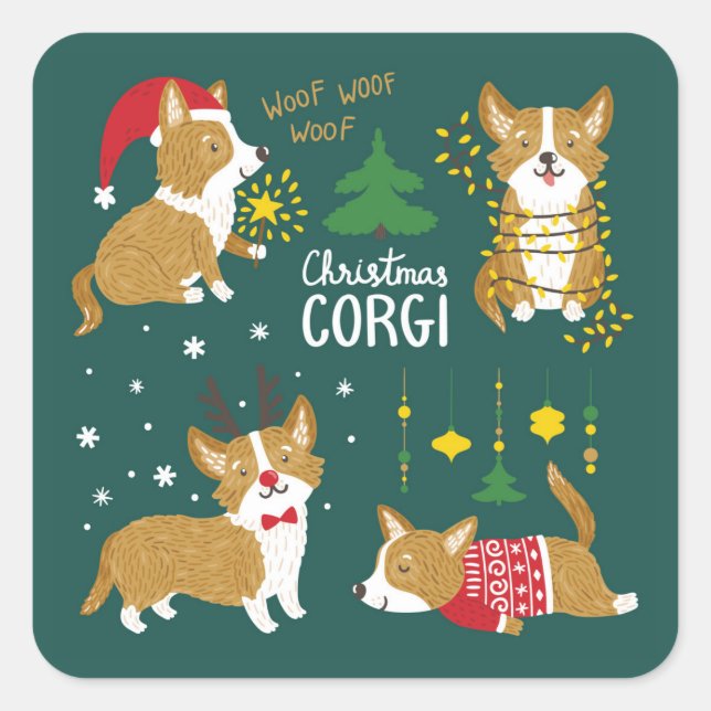 Christmas Corgi | Woof Woof Quadratischer Aufkleber (Vorderseite)