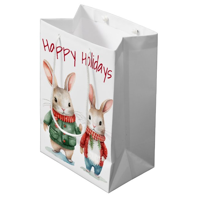 Christmas Cottontail Rabbit Couple Mittlere Geschenktüte (Vorderseite Schrägansicht)