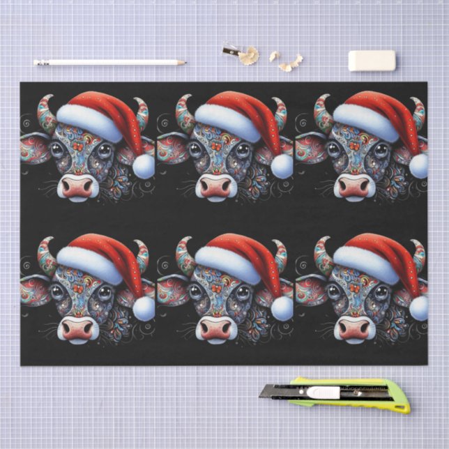 Christmas Cow Bull w/Santa Hat Folk Art Decoupage Seidenpapier (Handwerk)