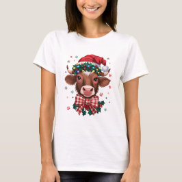 Christmas Cow with Santa Hat and Festive Lights T-Shirt