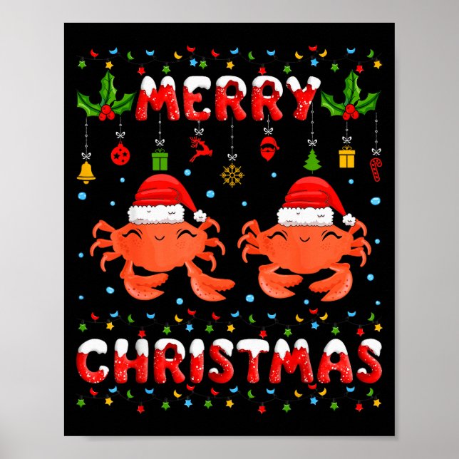 Christmas Crab Shirt Santa Hat Lights Xmas Funny  Poster (Vorne)