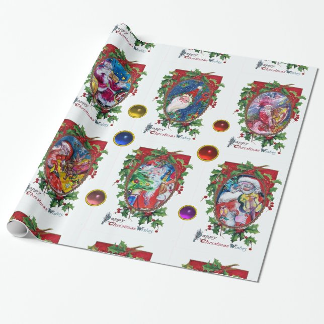 CHRISTMAS CROWNS MIT HOLLY BERRIES /MUSICAL SANTA GESCHENKPAPIER (Ungerollt)
