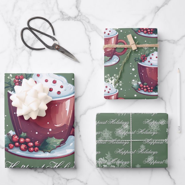 Christmas Cup of Hot Chocolate | Green Geschenkpapier Set (Vorderseite)
