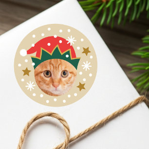 Christmas Custom Foto Festelf Hat Funny Beige Runder Aufkleber