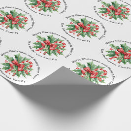 Christmas Custom text Holly Berry Candy Cane White Geschenkpapier