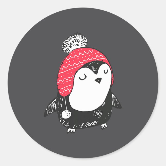 Christmas Cute Baby Penguin Wearing Winter Hat W_e Runder Aufkleber (Vorderseite)