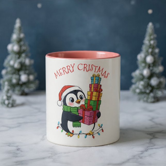 Christmas Cute Penguin Carrying Gifts Zweifarbige Tasse (Von Creator hochgeladen)