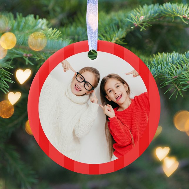 Christmas Cute Photo Red Whimsical Fun  Keramik Ornament (Simple red striped photo Christmas ornament. )