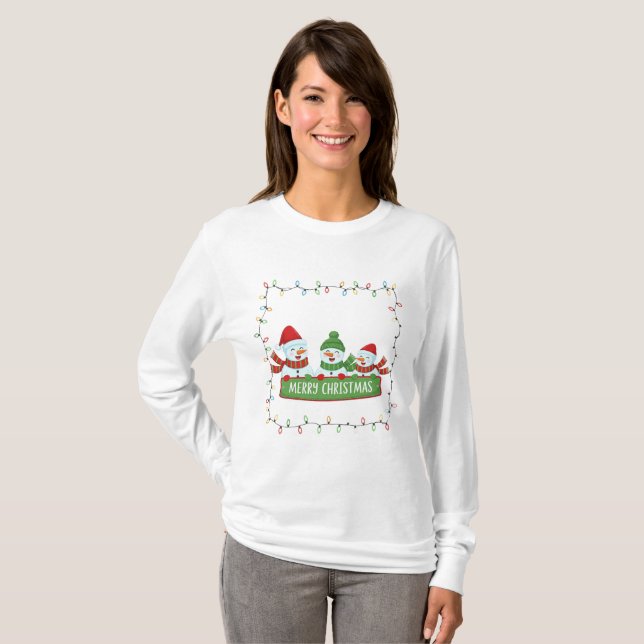 Christmas Cute Snowmen Lights Frame T-Shirt (Vorne ganz)