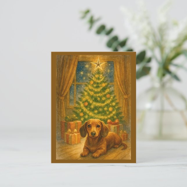Christmas Dachshund Magic Postcard Feiertagspostkarte (Stehend Vorderseite)