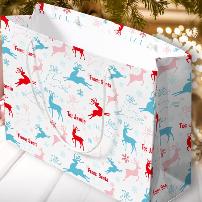 Christmas Deer Nordic Simple Blue Red Individuelle Große Geschenktüte (Christmas Deer Nordic Simple Blue Red Custom Name Large Gift Bag)