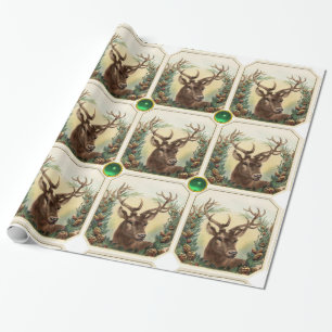 CHRISTMAS DEER,PINE CONE CROWNS,GREEN GEMSTONES GESCHENKPAPIER