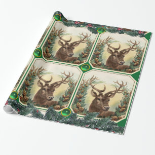CHRISTMAS DEER,PINE CONE CROWNS,GREEN GEMSTONES GESCHENKPAPIER