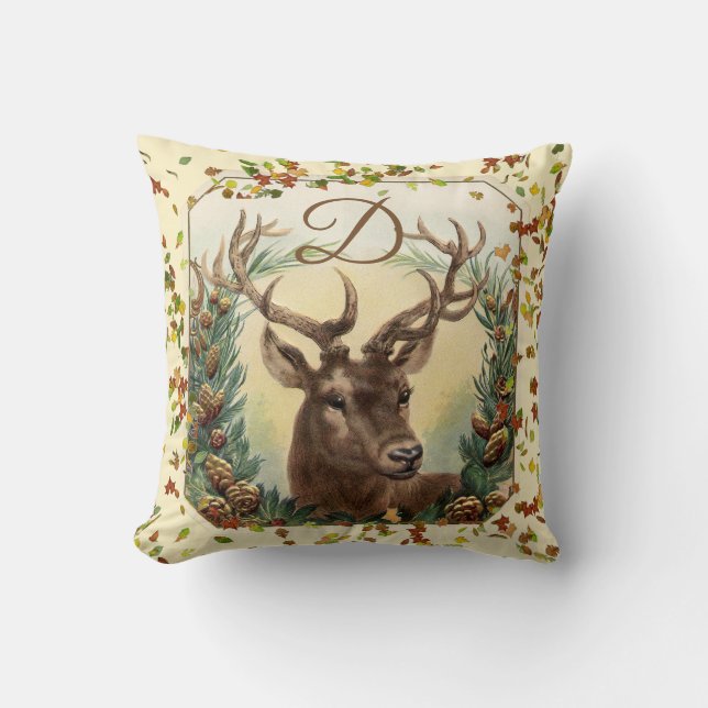 CHRISTMAS DEER,PINE CONES CROWN MONOGRAM Elfenbein Kissen (Vorderseite)