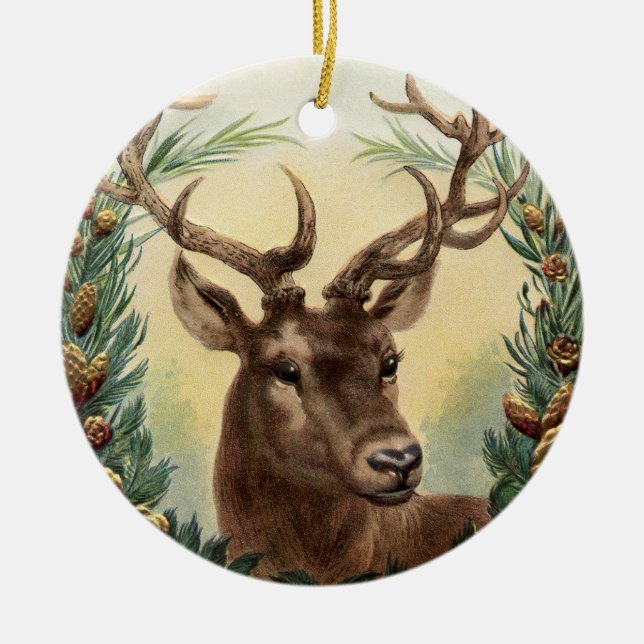 CHRISTMAS DEER, PINE CONES CROWN, RED GREEN GEMS KERAMIK ORNAMENT (Vorne)