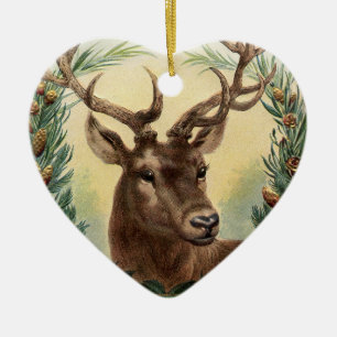 CHRISTMAS DEER, PINE CONES CROWN, RED GREEN GEMS KERAMIK ORNAMENT