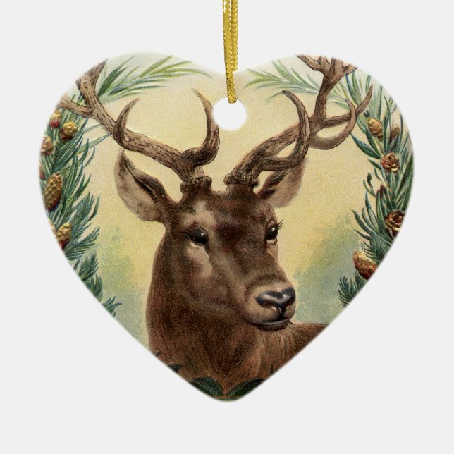 CHRISTMAS DEER, PINE CONES CROWN, RED GREEN GEMS KERAMIK ORNAMENT (Vorne)