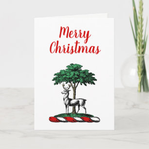 Christmas Deer Stag by Tree Heraldic Wappen Emblem Feiertagskarte