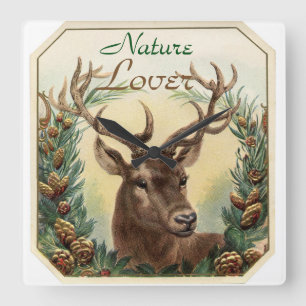 CHRISTMAS DEER WITH PINE CONE CROWN NATURE LOVER QUADRATISCHE WANDUHR