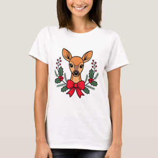 Christmas Deer with Red Bow Holly Wreath Holiday T-Shirt