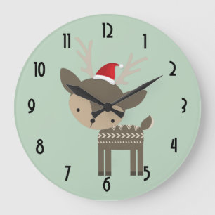 Christmas Deer With Red Santa Hat Retro Hipster Große Wanduhr