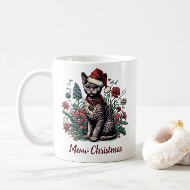 Christmas Devon Rex Cat: Weihnachtsmannmütze und B Kaffeetasse (Mit Donut)