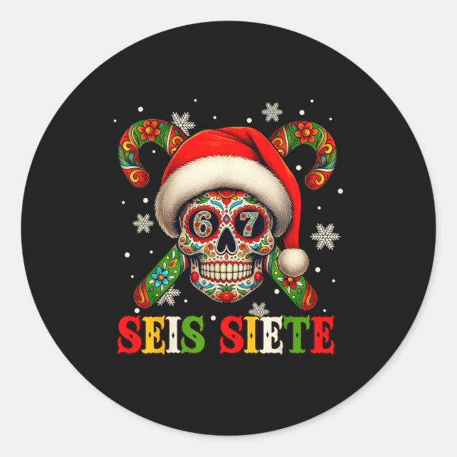 Christmas Dia De Los Muertos Sugar Skull Seis Siet Runder Aufkleber (Vorderseite)