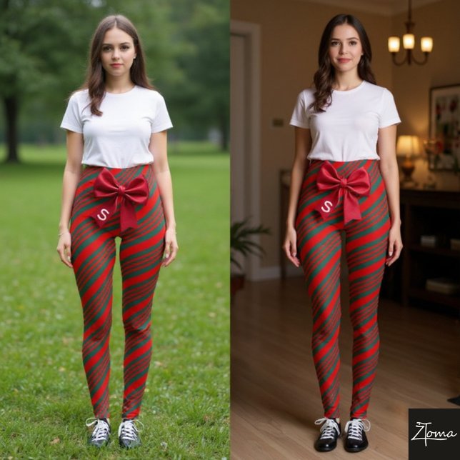 Christmas Diagonal Stripes Red Green Bow Leggings (Von Creator hochgeladen)
